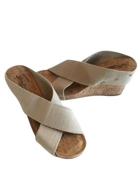 Lucky Brand Sandals ‘Miller 2’ Beige Wedges Elastic Strap Cork Platforms Size-9